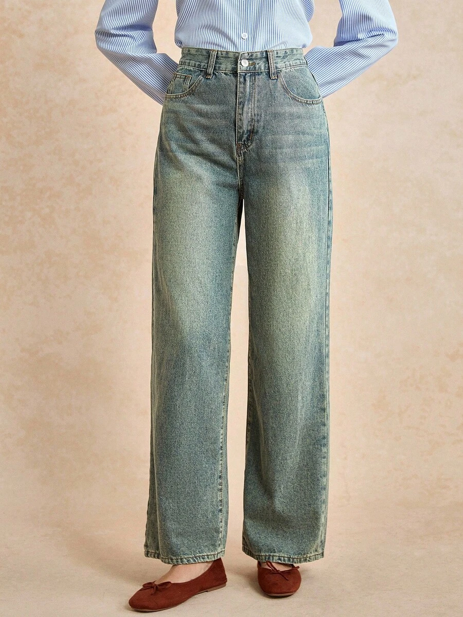 Écloséra 女士寬鬆休閒丹寧寬腿褲，附口袋 - 深色水洗藍 - 查看 1