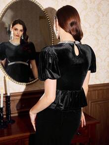 Vintamour Vintage elegante Damen Bluse mit Samt-Patchwork, Perlen, Pailletten, Laternärmeln, Rüschensaum, für Arbeit, Urlaub, Party, Halloween-Kostüm, Weihnachtsfeier, elegante Damen Blusen - Schwarz - Übersicht 2