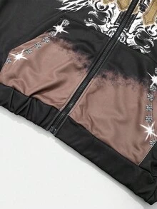 ROMWE MEN Men's Gothic Skeleton & Cross Print Zip-Up Hoodie Set With Sweatpants, Suitable For Autumn/Winter - Multicolor - View 8