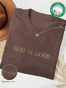 INAWLY Embroidered Simple Christian Faith Slogan Shirt, "God Is Good", Fashion Faith Gift Comfortable T-Shirt, Church Group Tee For Women
