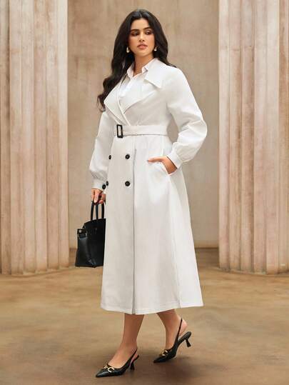 Roveilla 大码女式纯色翻领长袖双排扣口袋优雅风衣