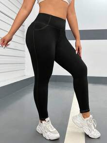 SHEIN EZwear 大码女式高腰休闲日常紧身裤 - 黑色 - 查看 5