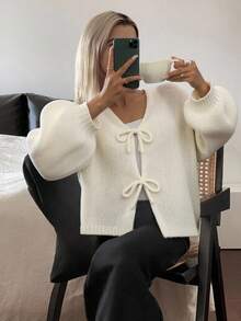 DAZY Women's Bowknot V-Neck Loose Casual Soft Cardigan, New Style For Autumn/Winter - Beige - View 5