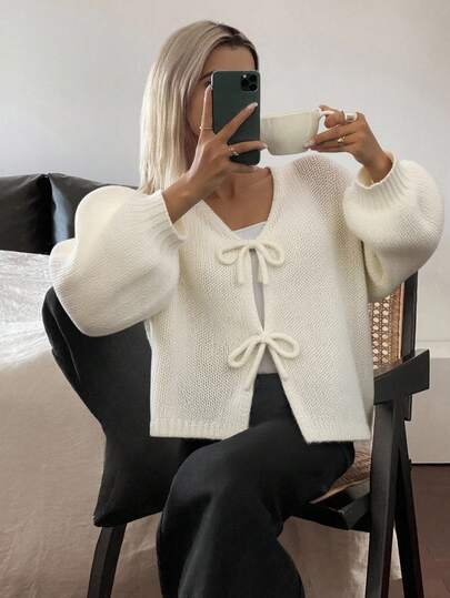 DAZY Women's Bowknot V-Neck Loose Casual Soft Cardigan, New Style For Autumn/Winter