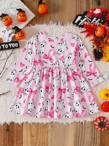 SHEIN Baby Mädchen Halloween Geist & Kürbis Muster süßer, lässiger und bequemer Langarm Feiertags-Outfit