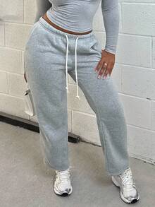 Alexandranx Women's Low-Waist Drawstring Looped Waist Slant Pocket Straight Leg Wide-Leg Sweatpants, Fashionable Minimalist Casual Everyday Wear, Suitable For Petite, Spring/Autumn Graduation,Back To School Outfits,Graduation,Teacher Outfits For Women,Back To School - Grey - View 3