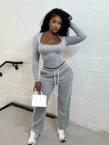 Alexandranx Women's Low-Waist Drawstring Looped Waist Slant Pocket Straight Leg Wide-Leg Sweatpants, Fashionable Minimalist Casual Everyday Wear, Suitable For Petite, Spring/Autumn Graduation,Back To School Outfits,Graduation,Teacher Outfits For Women,Back To School - Grey - View 6