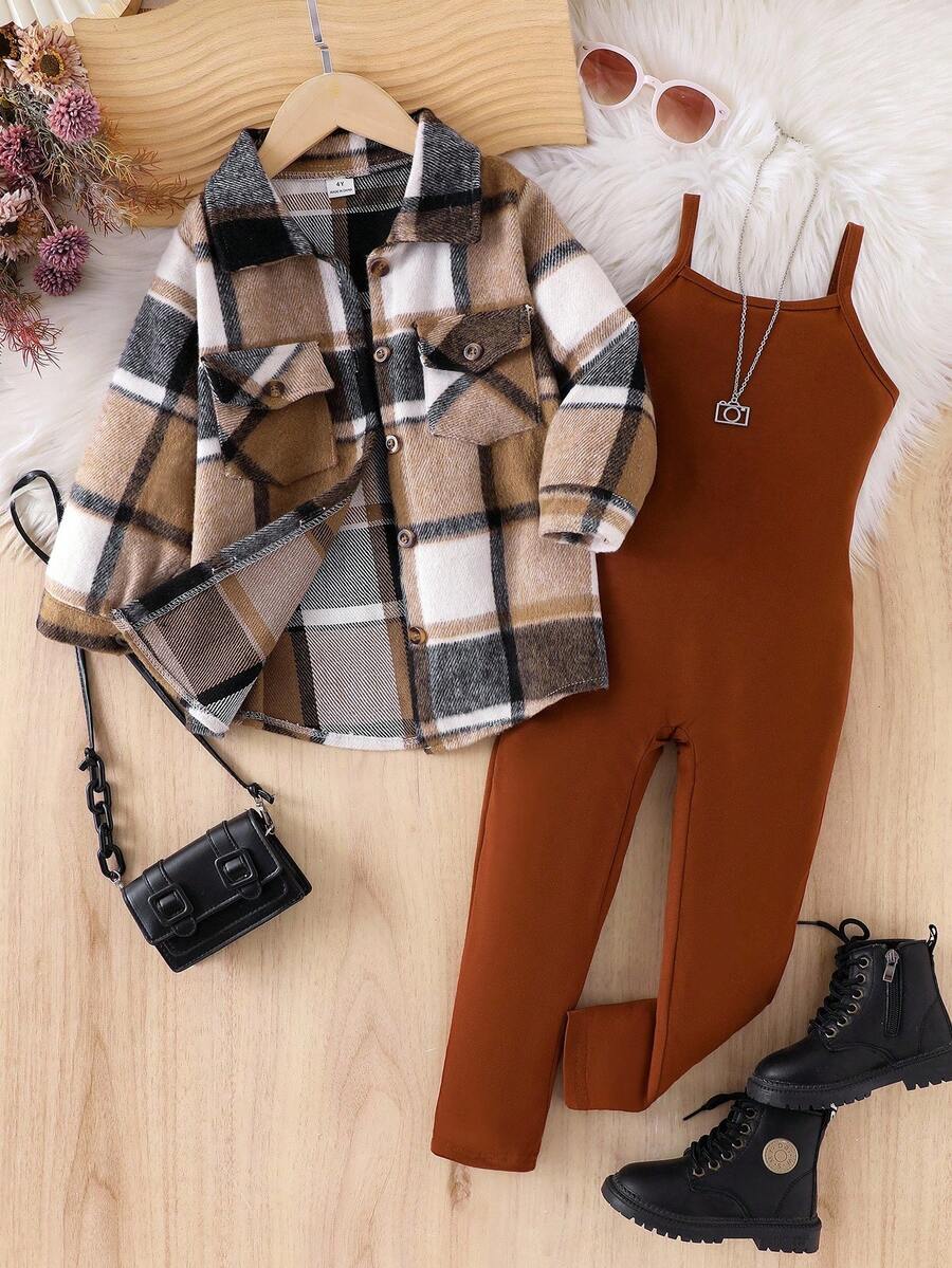 SHEIN Elladie kids 2件組少女復古90年代格紋襯衫外套休閒極簡吊帶連身褲,棕色波點秋季公主風7歲生日開學穿搭 - 卡其色 - 查看 1