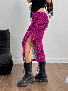 SHEIN EZwear 女性夏季半腿裙，整體打褶設計，綁繩開叉設計，採用印花布料 - 玫紅色 - 查看 4