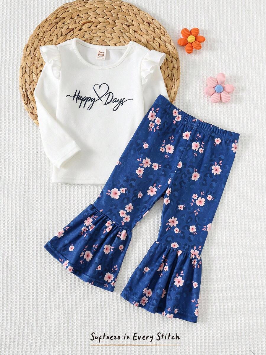 Cozy Pixies 2pcs Baby Girl Floral Print Knit Soft Round Neck Long Sleeve Pullover Top And Elastic Waist Pants Set Fall Winter - Multicolor - View 1