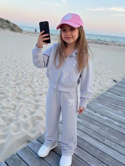 2pcs/Set Young Girl Outfit, Autumn/Winter New, Floral Gray Bow Decor Set, Hooded Zip Pocket Sweatshirt + Matching Gray Pants, Comfortable Casual Sports Suit Fall