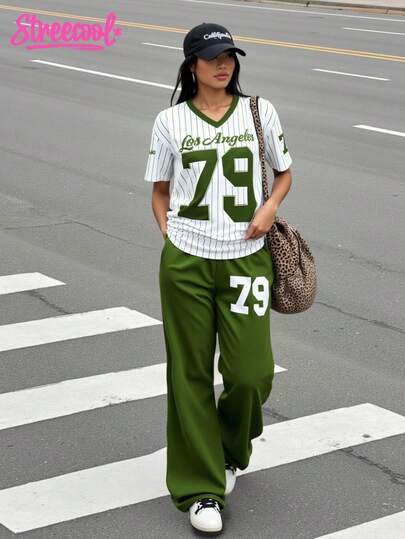 2 Adet/Takım Rahat Moda Genç Kızlar Numaralı Grafik V Yaka Kısa Kollu Üst ve Geniş Paça Eşofman Altı Takımı