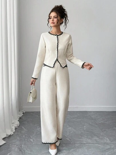 SHEIN Tonårsflickor, tweedtextur, kontrastfärgad volangkant, pärlknappsdekor, rund halsringad topp och vida byxor, set med 2 delar, elegant fransk stil