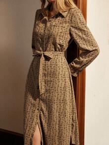 Écloséra 时尚法式复古休闲宽松灯芯绒印花衬衫领长袖中长连衣裙 - 咖啡棕 - 查看 6