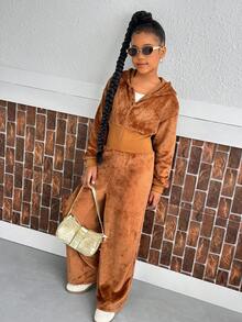 Áo nỉ thể thao có mũ trùm đầu màu đen có khóa kéo thường ngày cho bé gái và áo liền quần cạp cao chải kỹ, phù hợp mặc thường ngày vào mùa thu/đông - màu nâu - Xem 5