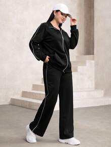 Mulvari 2pcs Set Women Raglan Sleeve Zip-Up Colorblock Elegant Cardigan And Pants - Black - View 7