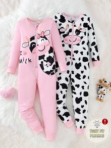 2 件套少女可爱奶牛卡通印花连体睡衣，前拉链设计，弹力针织面料，柔软舒适的长袖和裤子家居服 - 彩色 - 查看 4