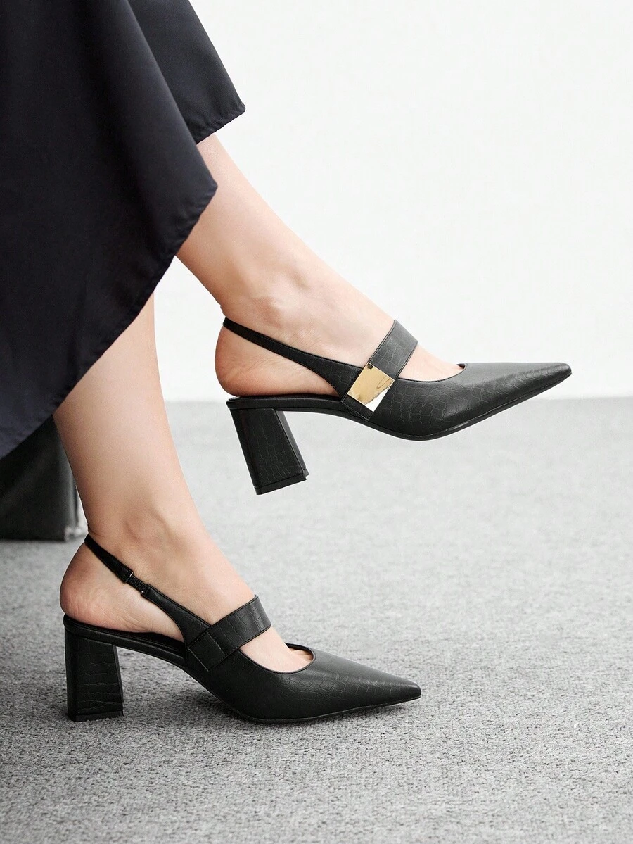 CUCCOO BIZCHIC Square Buckle Fashionable Comfortable Commuter Pointed Toe Chunky High Heel Sandals - Black - View 1