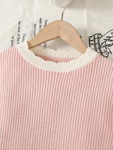 مجموعة من قطعتين للفتيات الصغيرات، كنزة صوفية محبوكة بأكمام طويلة وياقة طاقم بلون واحد + بنطلون محبوك واسع الساق، طقم أنيق وعصري للاستخدام اليومي مناسب للخريف/الشتاء