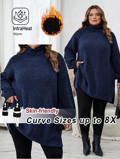 SHEIN CURVE+ 大码女式休闲高领套头毛衣，秋冬