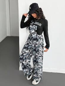 Teenager Girls Spring & Autumn Casual Knit Letter & Number Digital Print Long Sleeve Round Neck Slim Fit T-Shirt And Woven Camouflage Print Detachable Suspender Jumpsuit Outfit, 2pcs Set - Army Green - View 6