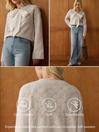 Écloséra 法式休闲优雅度假日常穿着圆领镂空宽松女式毛衣，搭配丝带蝴蝶结点缀奶油白色女式毛衣针织套头衫秋冬