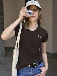 Jouncy 女式蝴蝶结印花V领短袖休闲T恤 - 咖啡棕 - 查看 4