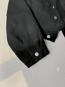 SHEIN CURVE+ Winter Plus Size Women Black Non-Stretch Thermal Lined Long Sleeve Denim Jacket