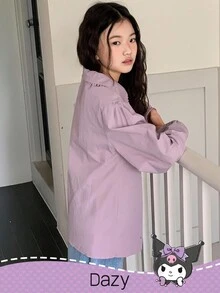 DAZY HELLO KITTY AND FRIENDS | SHEIN 青少年女孩撞色蕾丝花边领灯笼长袖衬衫，秋季 - 紫色 - 查看 4