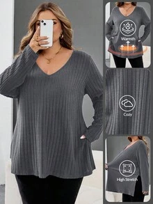 SHEIN CURVE+ Áo thun cổ chữ V viền gân màu xanh cỡ lớn, quần áo thu đông cho nữ, mùa đông, CONG CỠ LỚN/Mùa thu/Mùa đông - Màu xám đen - Xem 1