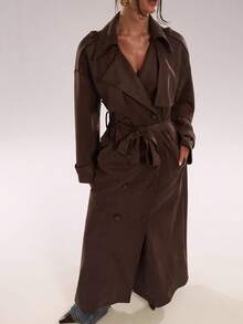 SHEIN BAE 秋季时尚通勤纯色双排扣长款风衣 - 咖啡棕 - 查看 6