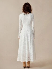 Rafferiza 女士优雅波西米亚长袖经典圆领修身长款白色连衣裙，搭配精致蕾丝面料，适合春秋季节 - 白色 - 查看 2