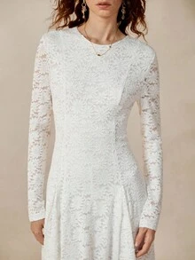 Rafferiza 女士优雅波西米亚长袖经典圆领修身长款白色连衣裙，搭配精致蕾丝面料，适合春秋季节 - 白色 - 查看 7