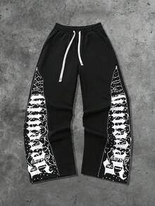 ROMWE MEN Street Life Pantalones de chándal rectos con cremallera y estampado de retazos, estilo casual de calle, unisex, para otoño/invierno - Negro - Ver 3