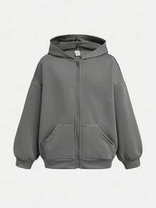 SHEIN Tween Boys 宽松休闲街头灰色超宽松落肩后背字母星星印花连帽拉链运动衫夹克 - 深灰色 - 查看 12