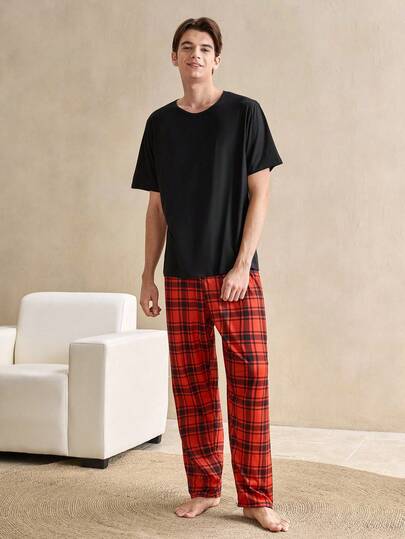 SHEIN EverLounge 2-częściowy zestaw świąteczny: koszulka i spodnie w czerwoną kratę, styl vintage brytyjski, wygodny i swobodny, wysokiej jakości strój domowy dla mężczyzn, na rodzinne przyjęcie bożonarodzeniowe