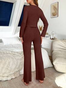 SHEIN 1 Set Women's Solid Color Brushed V-Neck Slim Fit Long Sleeve Top & Pants Pajama Set, Cozy Outfit, Fall Winter Clothes - Brown - View 2