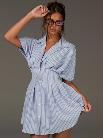 Athîral Women's Light Blue Striped Shirt Dress - Oversized Drop Shoulder Short Sleeve With High Waist Pleats & A-Line Skirt, Lightweight Breathable Office Casual Dress For Women,Figureflattering,Casualchic,Weekendvibes,Cleangirlesthetic,Casual Everyday Wear,Autumn/Winter/Summer/Spring