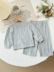 SHEIN 2 件 Babygirl 休闲针织卡其色长袖上衣和松紧腰裤套装，秋冬 - 淺灰色 - 查看 2
