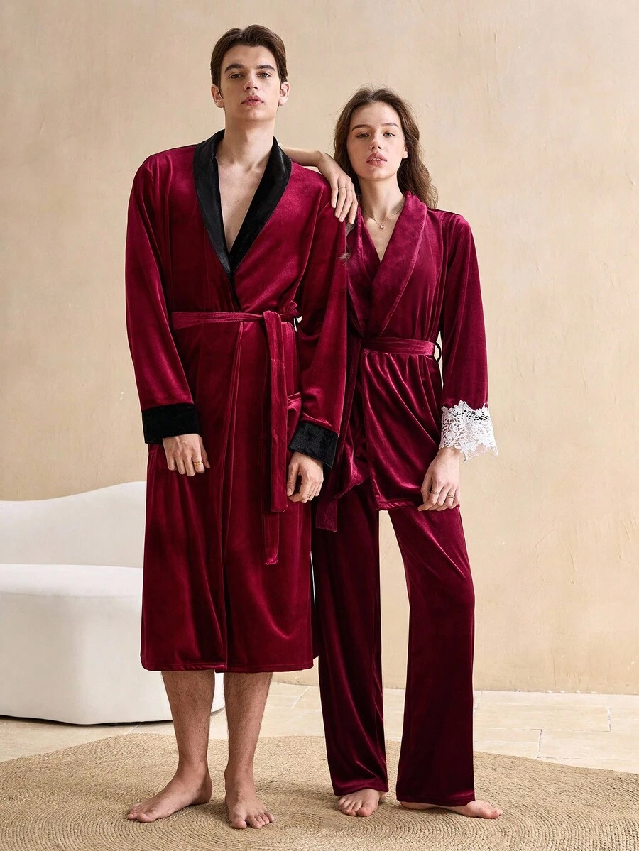 SHEIN Vintage British Style Comfortable Plush Robe, Shiny, Warm, Contrast Color, Elegant, Suitable For Lounging, Family Gathering, Open Front, Men, For Fall Winter, Christmas, Fluffy, Cozy - Red - View 1