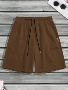Manfinity Homme Plus Size Men's Casual Solid Color Drawstring Waist Shorts, Summer - Coffee Brown - View 3