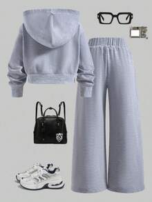 Sparklyn 2 件套年轻女孩服装，秋冬新款，花卉灰色蝴蝶结装饰套装，连帽拉链口袋运动衫 + 配套灰色裤子，舒适休闲运动套装 - 灰色 - 查看 2