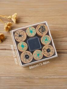 1 Box (8 Pieces) DIY Hand Account Creative Wooden Cylinder Seal Set, Petal Lace Butterfly Diary Album Stamp, Student Birthday Gift - Beige - View 6