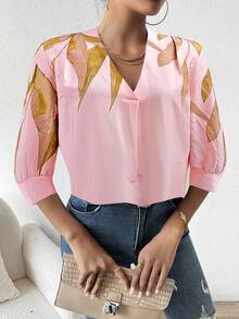 EMERY ROSE 女士休闲通勤花卉印花衬衫 - 淺粉色 - 查看 4