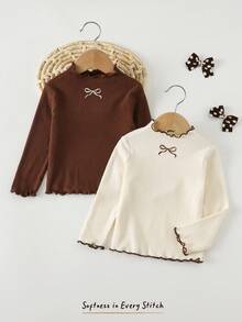 Cozy Pixies 2 件套女婴蝴蝶结针织柔软圆领长袖撞色荷叶边下摆连体衣套装