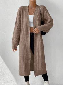 EMERY ROSE Women's Brown V-Neck Ribbed Lantern Sleeve Wool Blend Cardigan - Brown - View 5