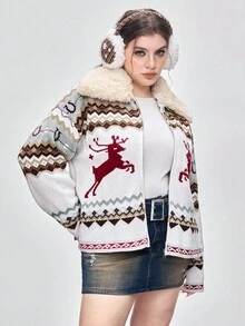 ROMWE Kawaii Cardigan tricotat cu model Argyle de reni și fulgi de zăpadă, mărime plus, pentru femei, toamnă/iarnă, pentru vacanță