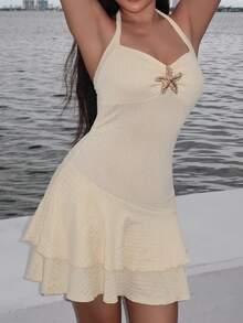 Durrani Popal Women's New Spring Summer Suitable For Beach Vacation Elegant Textured Fabric Halter Tie Front Ruched Bust Metal Decor Layered Ruffle Hem Playful Mini Dress - Yellow - View 4