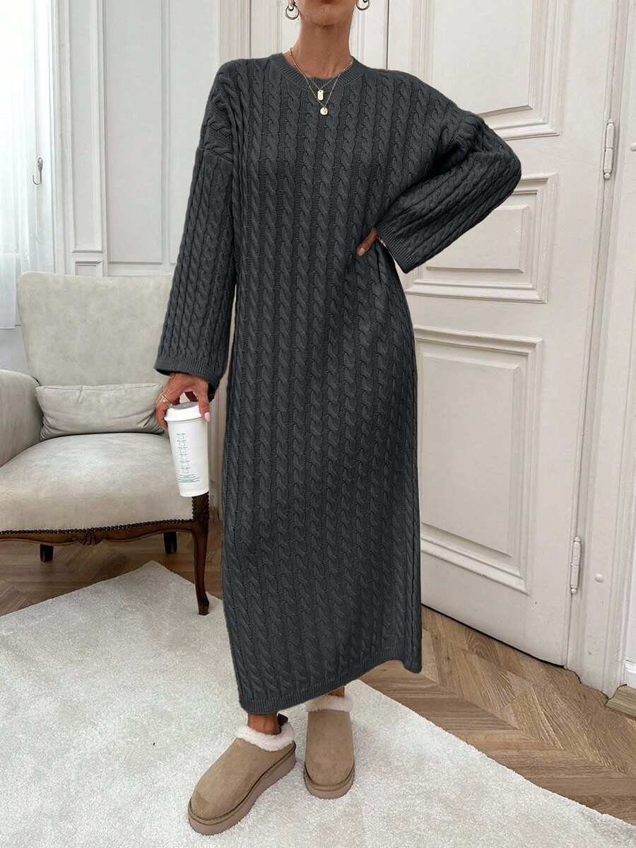 Women Cable Knitting Maxi Sweater Dress - Dark Grey - View 1