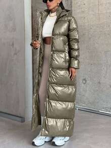 SHEIN Cottnline Women's Unique Design Drawstring Sleeve Padded Warm Puffer Long Down Coat - Mocha Brown - View 5
